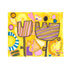 Kerri Rosenthal abstract flower painting with two striped tulip-shaped blooms on bright yellow background, playful geometric shapes and pattern accents in pink, purple, and blue