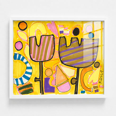 Abstract striped tulip painting in white wood frame, bold yellow background with playful geometric shapes and colorful pattern details