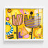 Abstract striped tulip painting in white wood frame, bold yellow background with playful geometric shapes and colorful pattern details