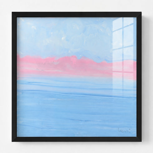 Abstract pastel seascape painting in black wood frame, dreamy blue sky and pink horizon over layered blue water