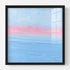 Abstract pastel seascape painting in black wood frame, dreamy blue sky and pink horizon over layered blue water