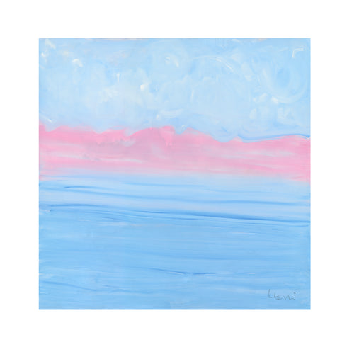 Kerri Rosenthal abstract seascape painting with soft blue sky, pink horizon line, and layered blue ocean waves, dreamy pastel coastal landscape