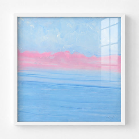 Abstract pastel seascape painting in white wood frame, soft blue and pink horizon with layered ocean waves