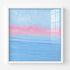 Abstract pastel seascape painting in white wood frame, soft blue and pink horizon with layered ocean waves