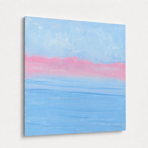 Close angled view of abstract seascape painting showing textured brushwork, soft blue waves, and pink horizon line detail