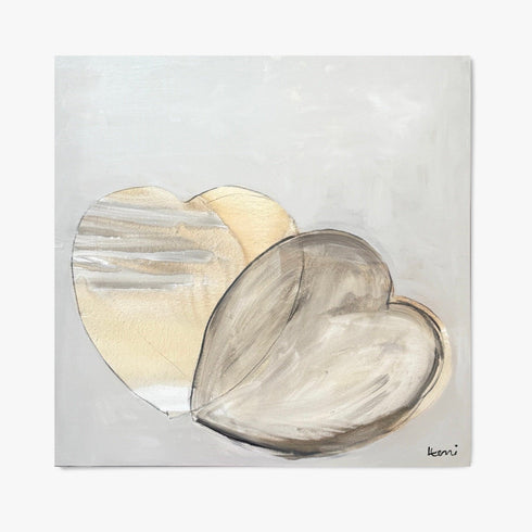 Two hearts, one love, I Love Us is an original painting by Kerri Rosenthal. 40” x 40” on stretched canvas wall artwork for modern living room decor.