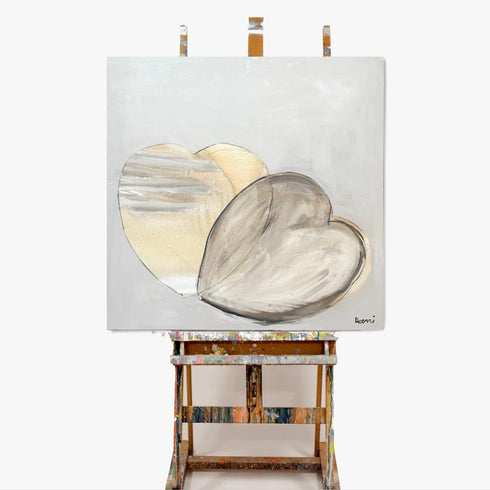 Two hearts, one love, I Love Us is an original painting by Kerri Rosenthal. 40” x 40” on stretched canvas wall artwork for modern living room decor.