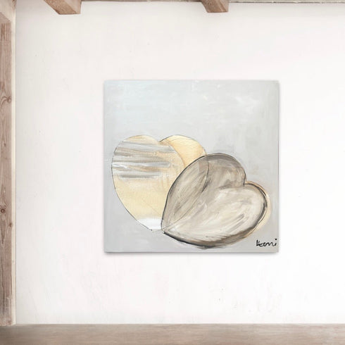 Two hearts, one love, I Love Us is an original painting by Kerri Rosenthal. 40” x 40” on stretched canvas wall artwork for modern living room decor.