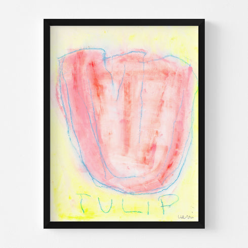 La yellow red wall hung pink tulip art - Shop abstract artwork decor for any space by Kerri Rosenthal.