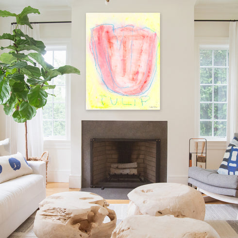 La yellow red wall hung tulip wall art - Shop abstract artwork decor for the living room by Kerri Rosenthal.