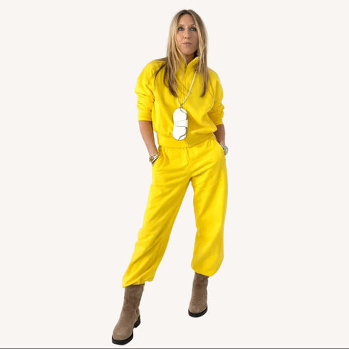 Weekend cotton fleece yellow palazzo sweatpants and yellow sweatshirt by Kerri Rosenthal