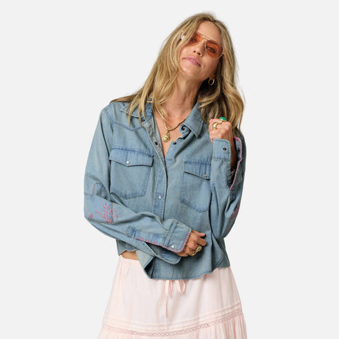 Western pia cotton denim shirt with heart patch elbows - Shop women's cute denim shirts by Kerri Rosenthal