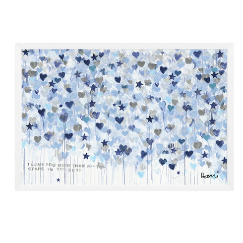 Starry Starry Love by Kerri Rosenthal — hand-painted hearts and stars in blue, navy, and grey.