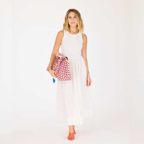 White KR Tank dress with rib-knit bodice, woven poplin skirt and center back seam of top has heart embroidery at back neck and tote bag - Cute women's dresses by Kerri Rosenthal