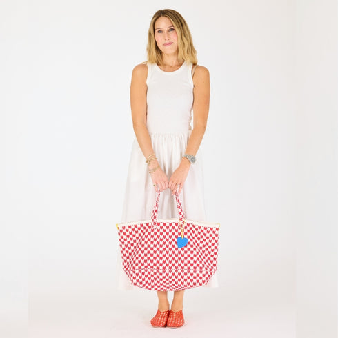 White KR Tank dress with rib-knit bodice, woven poplin skirt and center back seam of top has heart embroidery at back neck and tote bag - Cute women's dresses by Kerri Rosenthal