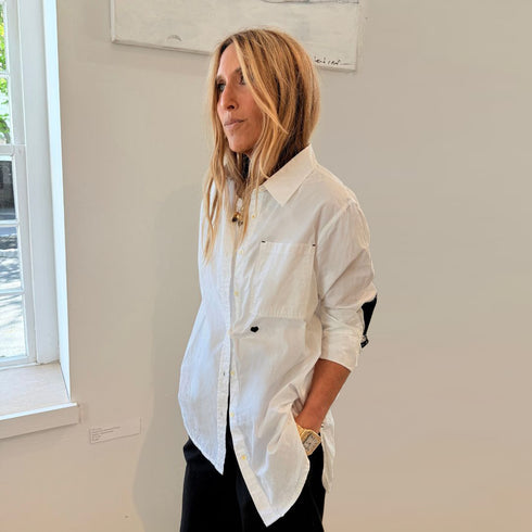 White mia shirt made of 100% cotton with black heart patches - Cute women's button shirts by Kerri Rosenthal