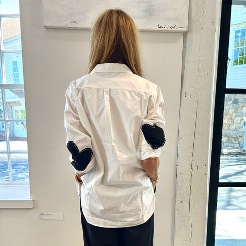 White Mia long sleeve button-up shirt with black heart patch elbow sleeves - Cute designer fashion button-up shirts by Kerri Rosenthal