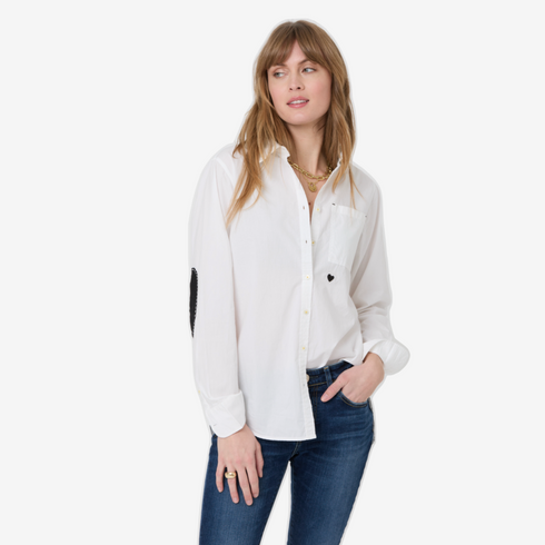 White Mia long sleeve button-up shirt with black heart patch elbow sleeves- Cute designer fashion button-up shirts by Kerri Rosenthal.