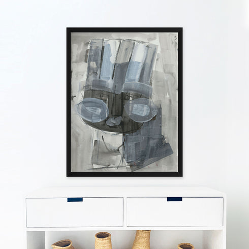 White grey tiki lorenzo art print wall artwork by Kerri Rosenthal - Unique stretched canvas artwork gifts for living room, bedroom art wall decor