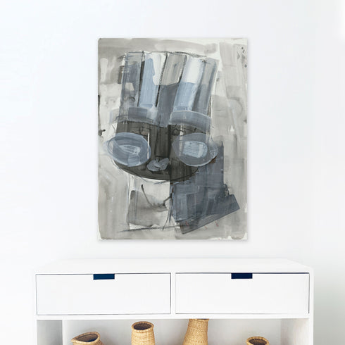 White grey tiki lorenzo art print wall artwork by Kerri Rosenthal - Unique stretched canvas artwork gifts for living room, bedroom art wall decor