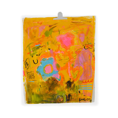 Wild Love Garden, a yellow abstract painting on paper with a blue and pink flower, by Kerri.