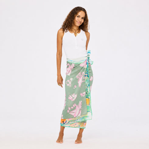 Kerri Rosenthal Toile Sarong in multicolor toile-print cotton poplin and white henley tank.