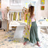 Women's cream and neon lime green heart print maxi duster coat with pink floral contrast trim with green viscose skirt