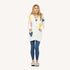 SoulCycle x KR Poppy Soul Brigade off white long cardigan in 100% cotton with colorful heart patches by Kerri Rosenthal