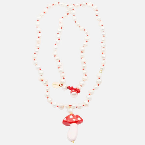 Funghi multicolor necklace with a handwoven white pearl chain in Sicilian ceramics by Kerri Rosenthal