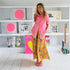Kerri Rosenthal Point Dume tiered cotton maxi skirt in a multicolor painterly print. with palm pink Mia Stripe button down shirt.