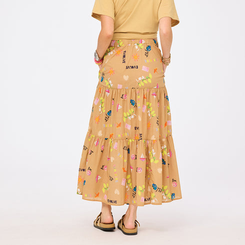 Kerri Rosenthal Point Dume tiered cotton maxi skirt in a multicolor painterly print.