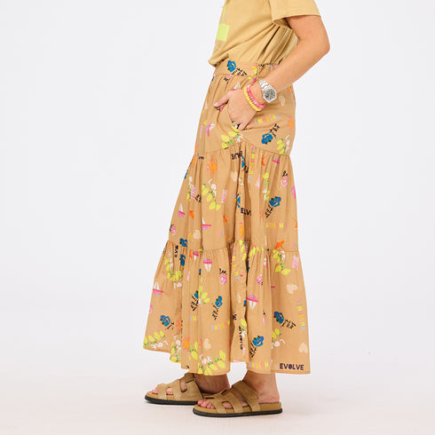 Kerri Rosenthal Point Dume tiered cotton maxi skirt in a multicolor painterly print.
