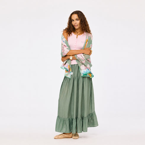 Kerri Rosenthal Dream Maxi Skirt in Amalfi green silk, tiered with a flowing hem.