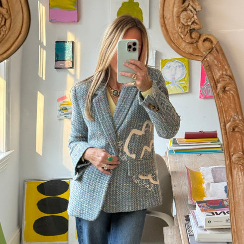 Workday Love Rises multicolor single-breasted blazer jacket in wool blend with heart elbow patches by Kerri Rosenthal