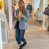 Workday Love Rises multicolor single-breasted blazer jacket in wool blend with yellow v-neck cardi sweater by Kerri Rosenthal