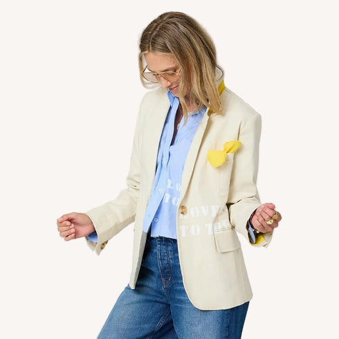 Workday Love Rises single-breasted beige blazer in cotton blend with removable heart-shaped hanky and heart elbow patches by Kerri Rosenthal