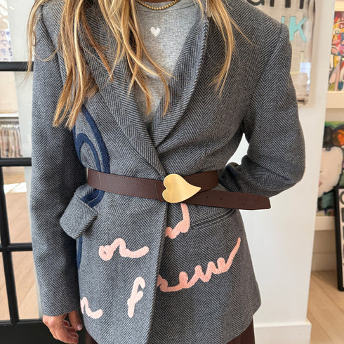 Workday On and On Forever steel blue blazer jacket made from wool blend with embroidered heart artwork - Shop cute women's blazers by Kerri Rosenthal