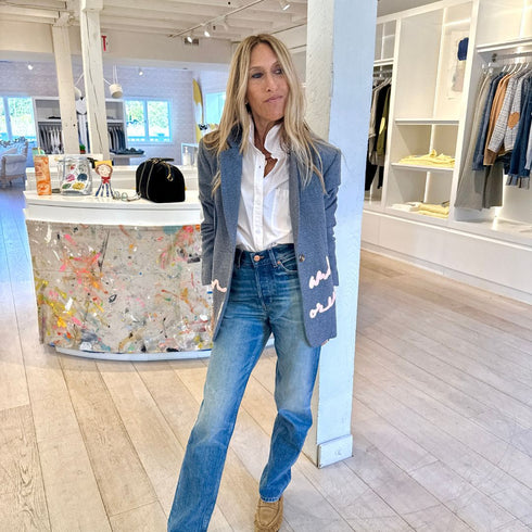 Workday On and On Forever steel blue blazer jacket made from wool blend with embroidered heart artwork - Shop cute women's blazers by Kerri Rosenthal