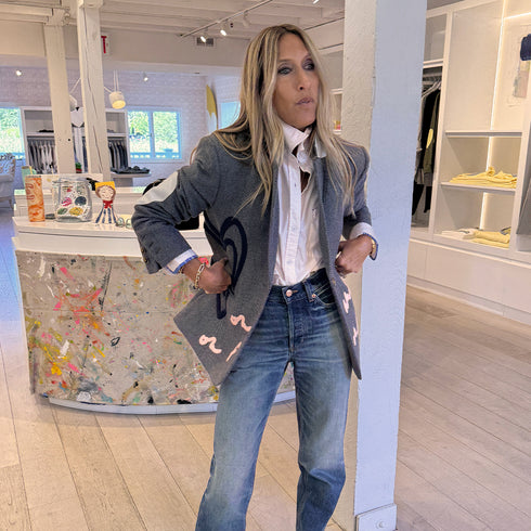 Workday On and On Forever steel blue blazer jacket made from wool blend with embroidered heart artwork - Shop cute women's blazers by Kerri Rosenthal