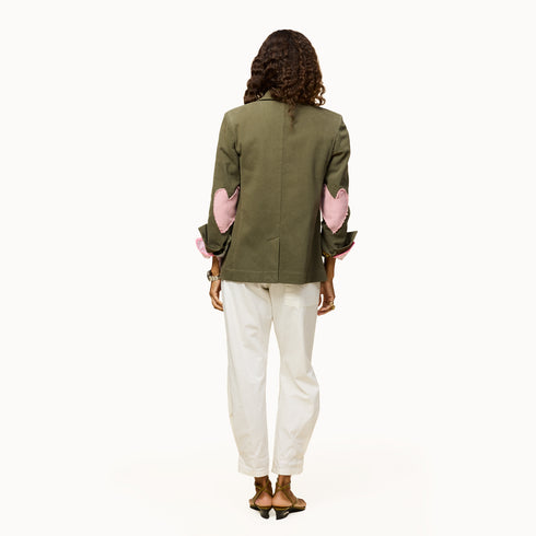 Workday love green cotton blazer with pink heart elbow patches - Shop women's blazers by Kerri Rosenthal