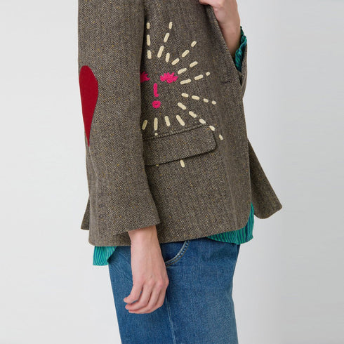 Workday Taupe Blazer Some Sunny Sunday Colorblocked Heart Patches And Back Detail- Cute designer blazers by Kerri Rosenthal