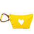 A bright yellow fabric pouch with a white heart cutout on the front and a braided multicolor wrist strap, shown on a plain white background.