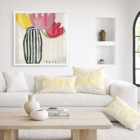 Yellow Tell Me Why Lemon square and rectangular lumbar cute decorative throw pillows on couch by Kerri Rosenthal