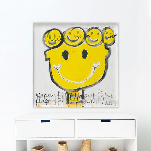 Yellow tiki happy art print abstract wall artwork - Perfect and cute wall artwork for modern living room decor by Kerri Rosenthal