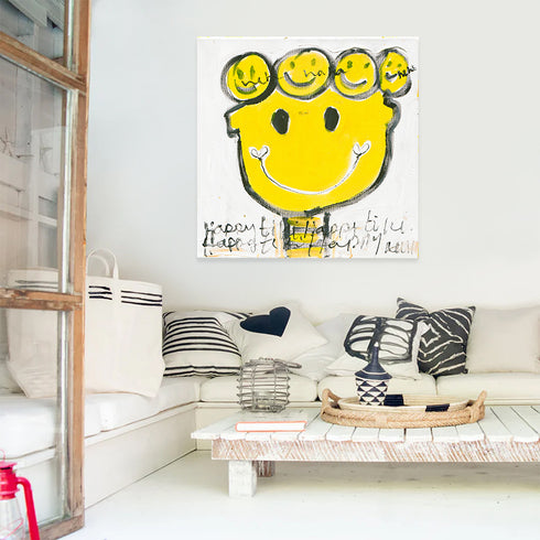 Yellow tiki happy art print abstract wall artwork - Perfect and cute wall artwork for modern living room decor by Kerri Rosenthal