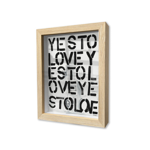 Yes To Love Oak Shadow Box black white word art by Kerri Rosenthal - Unique artwork for living room decor