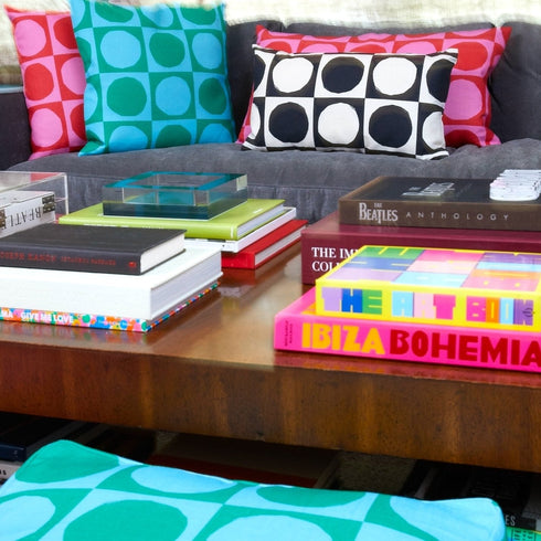 Yin + Yang throw pillow - cute decorative pillows with circle designs in black, pink and blue for home decor. Couch throw pillows available in rectangular lumber and square by Kerri Rosenthal