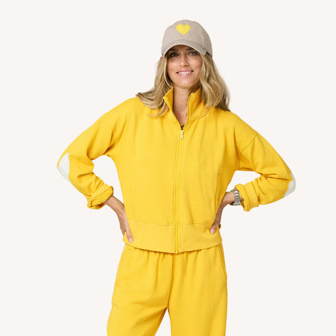 Zip-up mock neck yellow sweatshirt in cotton loop terry with heart-tonal elbows and ribbed sleeves - Shop women's sweatshirts by Kerri Rosenthal