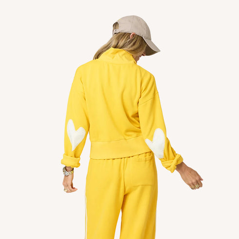 Zip-up mock neck yellow sweatshirt in cotton loop terry with heart-tonal elbows - Women's sweatshirts by Kerri Rosenthal