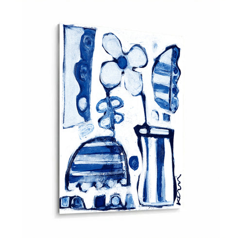 Aluminum abstract painting in blue and white tones featuring a stylized flower, striped vase and urn shapes, and scalloped geometric patterns, signed by the artist in the lower right corner. Artist Kerri Rosenthal. Outdoor art
